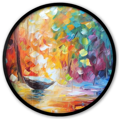 Poster in lijst Rond - Fotolijst 40x40 cm - Posters - Kleurrijk - Olieverf - Water - Boot - Ronde posterlijst zwart - Decoratie - Wanddecoratie woonkamer - Muurdecoratie slaapkamer