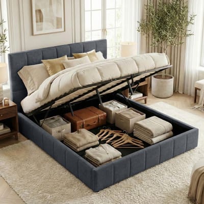 CLP Bed met opbergruimte gestoffeerd Ladia - bedframe voor matrassen - lattenbodem met liftmechanisme - tweepersoonsbed met stoffen be donkergrijs