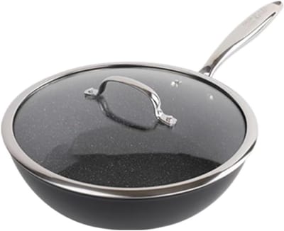 Wokpan Koolstofstaal - Roerbakpan Antiaanbak - Inductie Koken - Vlakke Bodem - 28cm Diameter