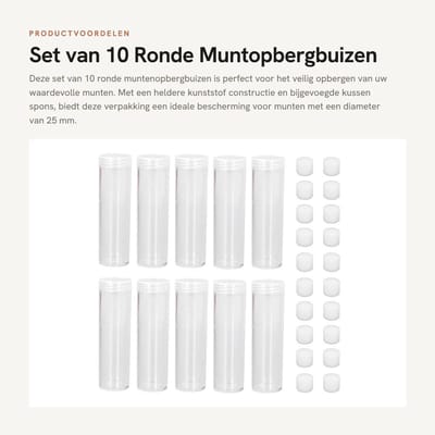 Dailygoods- Munt Opbergbuis 10 Stuks - Ronde Doorzichtige Plastic Buis - Kussen Spons Bescherming - Hoogte 11cm - Diameter 3cm - Stevig Kunststof - Muntenbuis