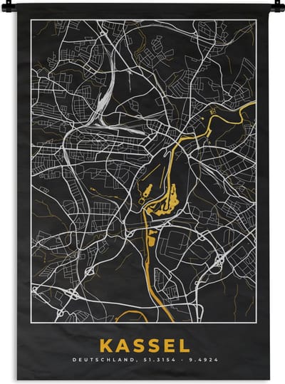 Wandkleed - Wanddoek - Kassel - Duitsland - Kaart - Stadskaart - Goud - Plattegrond - 120x180 cm - Wandtapijt