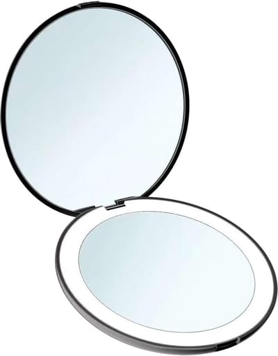 longziming -Draagbare LED make-upspiegel – dubbelzijdige zakspiegel met 1x en 10x vergroting – compacte handspiegel met verlichting – reis cosmeticaspiegel voor dames en meisjes – zwart
