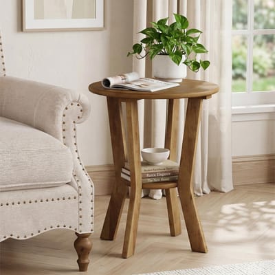 LITTLE TREE Ronde Bijzettafel - 50 x 50 x 60 cm - Vintage Hout-2 Laags Opbergrek-Voor Slaapkamer Woonkamer - Bruin