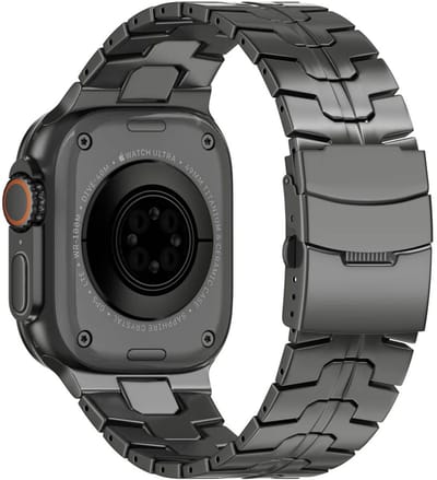Stravo Hoogwaardig Titanium Horlogebandje 'Iron' – Geschikt voor Apple Watch 46mm (Series 10/11), 45mm (Series 7/8/9), 44mm (Series 4/5/6, SE 1/2/3), 49mm (Ultra 1/2/3) - Titanium metalen bandje met veilige sluiting - Zwart