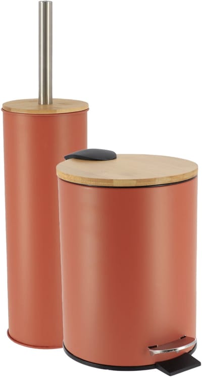 Tendance Badkamerset prullenbak en toiletborstel - Bamboo vibe - soft close - terracotta - 3 liter - metaal