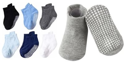 6 Paar - Baby Antislip Sokken Kind - 6-12 maanden - Blauw Grijs - Enkelsokken - Verbeterde kwaliteit