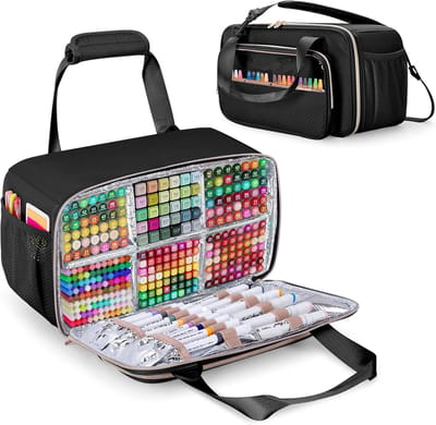 Alcohol Markers - Organizer Case voor 216 Stiften - Zwarte Nylon - Beschermende Aluminium Voering - Verstelbare Schouderband - Voor Kunstenaars en Creatieve Geesten