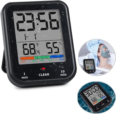 Hygrometer binnen - Badkamerklok - Digitale klok - Waterdichte douchetimer - Groot touchscreen - Batterijgevoede wandklok - Temperatuurweergave - Vochtigheidsweergave - Zwart