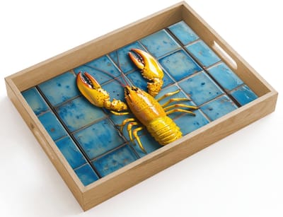Dienblad hout 40x30 cm - Schootdienblad - Kreeft - Geel - Blauw - Tegels - Borrelplank rechthoek - Plateau dienbladen