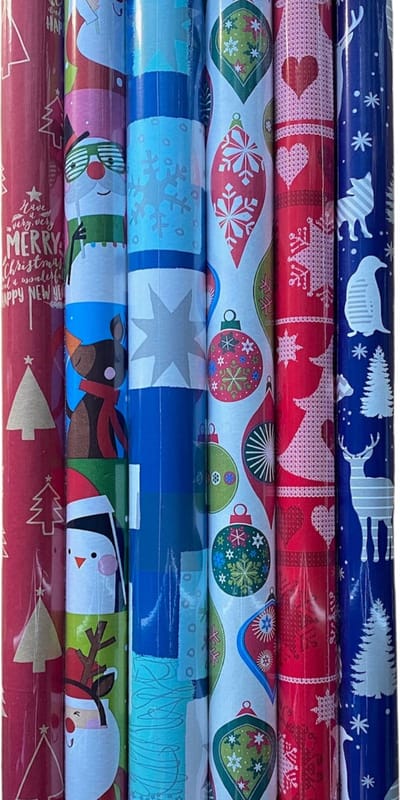 FESTIVE GIFTS Inpakpapier - Cadeaupapier - 200 x 70cm - 6 rollen - Kerst - Luxe Cadeauverpakking - Kleurrijk
