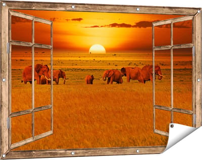 Gards Tuinposter Doorkijk Olifanten in het Wild - Zonsondergang - 120x80 cm - Tuindoek - Tuindecoratie - Wanddecoratie buiten - Tuinschilderij