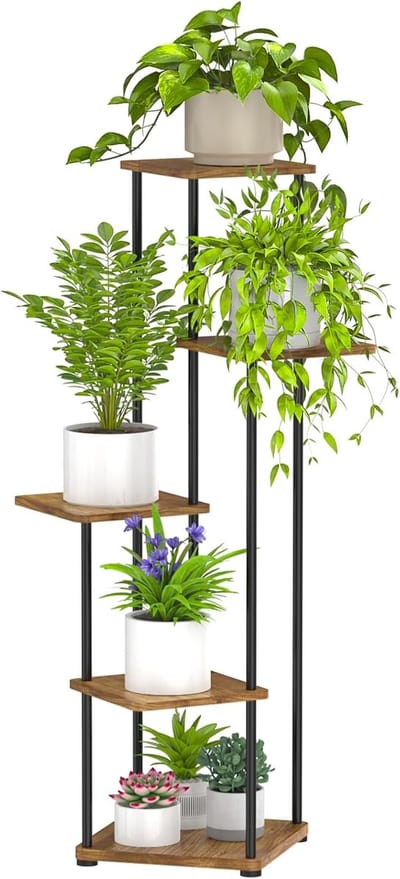 Famanu - Plantenstandaard voor binnen, hoge 5-laagse plantenplank, hoekrek voor bloempotten, metalen plantenrek voor meerdere planten