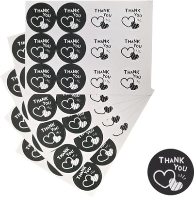 120x Thank You Stickers Op Vel - 35mm - Thank You Duo - Sluitsticker - Sluitzegel - Cadeau Sticker - Dubbel Hart – Zwart & Wit - 120 Stuks