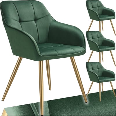 tectake® Eetkamerstoelen Marilyn - Set van 4 - Gestoffeerde Stoel in Fluweellook - Gecaptioneerd - Zwarte Stoelpoten - Ergonomische Keukenstoel - Doorlopende Rugleuning en Armleuningen - Stoel voor Woonkamer, Eetkamer, Slaapkamer - Groen