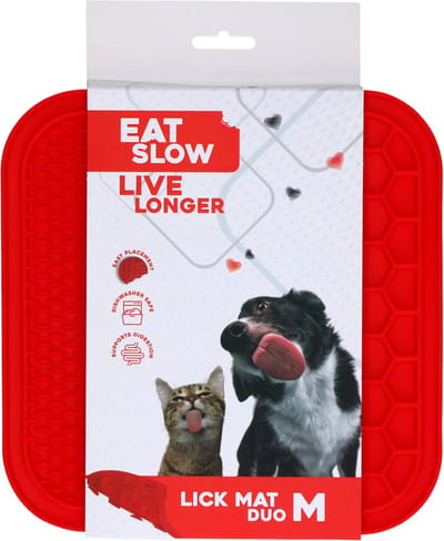 Eat Slow Live Longer Duo Likmat - 21 x 21 cm - Vierkant - Snuffelmat - Anti-schrok Mat - Slowfeeder Honden en Katten - 100% Siliconen - Vaatwasserbestendig - Maat M - Voerpuzzel Kat - Rood