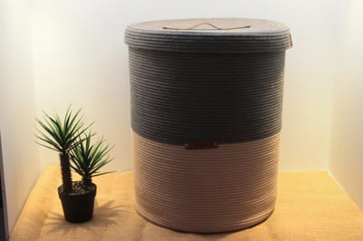 OZ Home - Mand met Deksel - Beige/Donkerblauw - Duurzaam & Functioneel - Voor Grote Opslag en Organisatie