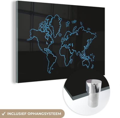 ® Glasschilderij 150x100 cm - Schilderij acrylglas - Wereldkaart - Topografie - Blauw - Foto op glas - Muurdecoratie woonkamer - Wanddecoratie slaapkamer - Schilderijen