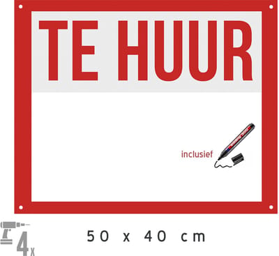 Bord/ immo aankondiging XL + boorgaten | "Te huur" | 50 x 40 cm | Ideaal voor buiten | Met stift | Kanaalplaat | Kunststof | Verhuur | Verhuren | 1 stuk
