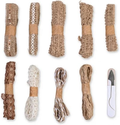 9 Rollen Vintage Jutedraad, Jute Stofdraad Met Kantenband En Schaar, Bohemian Cadeaulinten Knutselaccessoires, Retro Decoratie Paspelband Kantenkoord Voor DIY Cadeauverpakking, Bruiloft En Feest