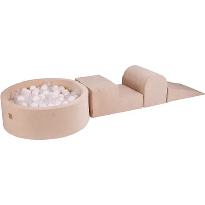 MeowBaby® Foam 3 elementen Speelset met Ballenbak 90x30cm met 200 Ballen Gecertificeerd, Fluweel, Ecru: Wit/Transparant
