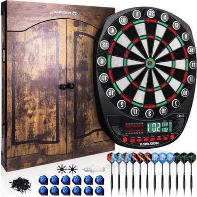 SnelShoppen - Elektronisch Dartbord Soft Tip Dartbord Set met LED Displays, 34 Spellen, Drie Talen, Inclusief Kast voor Feest, Tuin en Gezelligheid