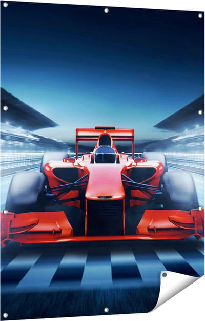 Gards Tuinposter Formule 1 Auto bij de Finish - Rood - 90x120 cm - Tuindoek - Tuindecoratie - Wanddecoratie buiten - Tuinschilderij