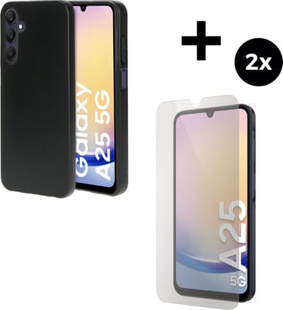 Mobiparts Classic TPU hoesje geschikt voor Samsung Galaxy A25 met 2 Screenprotectors van Gehard Glas - Zwart