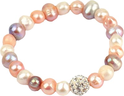 Zoetwater parel armband Maxima Soft Colors - echte parels - wit - roze - zalm - oranje - stras steentjes - glitter - elastisch - luxe sieraden zakje - parel armband dames - elastisch parel armband - zoetwaterparel