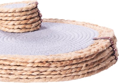 ROSELLA - Set 12 placemats en onderzetters - Grijs/Natuurlijk - Jute