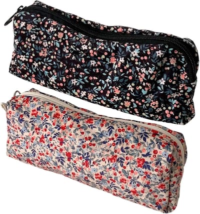 Famanu – Set van 2 ribfluweel etuis met bloemenborduursel, make-up en schoolorganizers
