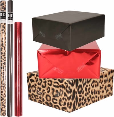 6x Rollen kraft inpakpapier pakket panter/dierenprint-metallic rood en zwart 200 x 70/50 cm/cadeaupapier/verzendpapier/kaftpapier