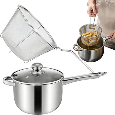 Frituurpan - Koekenpan met mand - Thuis restaurant koken - Roestvrij staal - 21W x 15H cm - Zilverkleurig