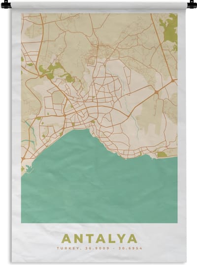 Wandkleed - Wanddoek - Antalya - Kaart - Stadskaart - Plattegrond - Vintage - 120x180 cm - Wandtapijt