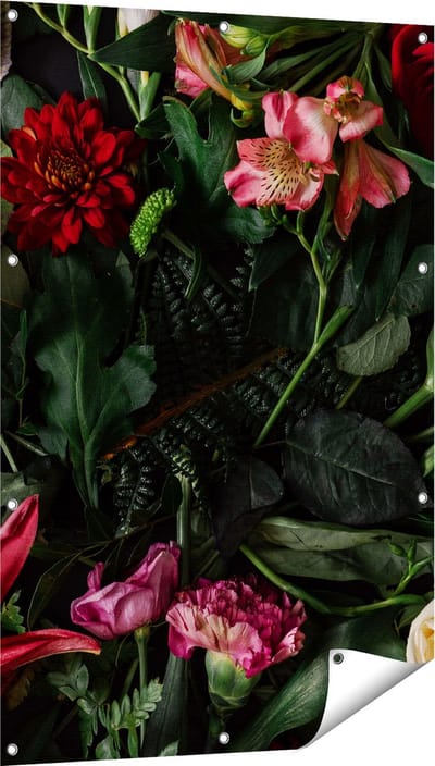 Gards Tuinposter Kleurrijke Bloemen met Groene Bladeren - 80x120 cm - Tuindoek - Tuindecoratie - Wanddecoratie buiten - Tuinschilderij