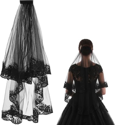 Elegante Zwarte Kant Bruidsluier met Twee Lagen en Bloemborduursel voor Huwelijk, Halloween en Gothic Kostuums