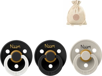 BIBS fopspenen met naam | T1 | Glow black, black, sand | 0-6 maanden | spenen | speen | fopspeen | BolleToet speenzakje