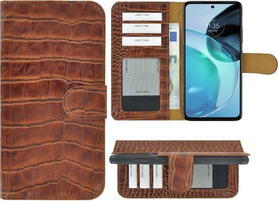 MoDo hoesje Geschikt voor Motorola Moto G53 - Echt Leer Book Case - Croco Kaneelbruin