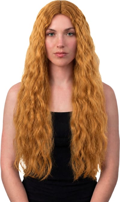 KIMU® Luxe Lange Bruine Pruik Wavy - Middenscheiding - Haarwerk Krullen Pony - Bruin Lichtbruin Donkerblond Festival