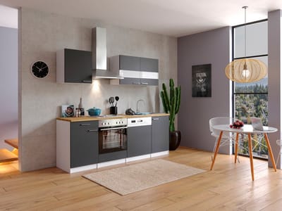 Goedkope keuken 220 cm - complete keuken met apparatuur Malia - Wit/Grijs - soft close - elektrische kookplaat - vaatwasser - afzuigkap - oven - spoelbak