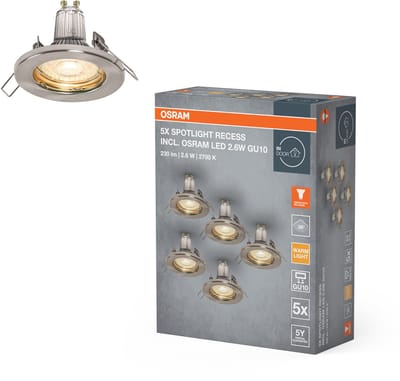 OSRAM Spotlight inbouw plafondlamp set in geborsteld nikkel inclusief LED 5x2.6W GU10, IP20 bescherming voor binnengebruik