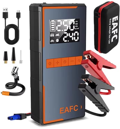 EAFC 12V Jumpstarter met Compressor voor Auto – 1200A – Starthulp met Forcestart, Powerbank & LED-scherm – Incl. Zaklamp & Opbergkoffer