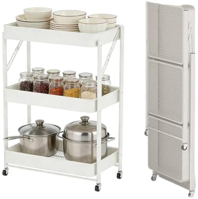 Opvouwbare Keukentrolley 3 Lagen, 30x45x77 cm, Metalen Serveerwagen , Mobiel Keukenrek met Wielen, Multifunctionele Opbergtrolley voor Woonkamer, Wit.