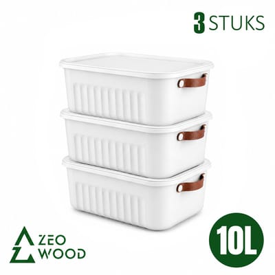 Zeo Wood® - Opbergbox met Deksel - Opbergdozen met Deksel - Opbergmand met Deksel - Set van 3 - 10L - Wit