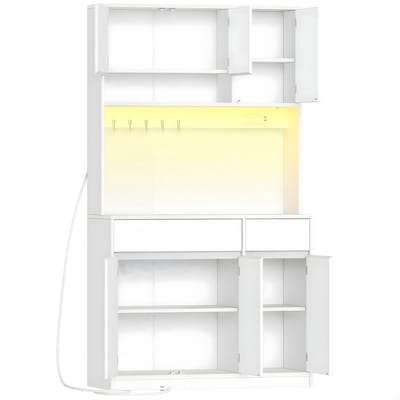 Keukenkast – Voor Keuken en Eetkamer – Buffetkast met Stopcontacten, LED-Lichtstrips, Werkblad en 2 Lades – Wit / Houtlook