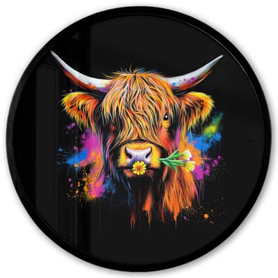 Poster in lijst Rond - Fotolijst 40x40 cm - Posters - Schotse Hooglander - Graffiti - Kleurrijk - Bloem - Dieren - Ronde posterlijst zwart - Decoratie - Wanddecoratie woonkamer - Muurdecoratie slaapkamer