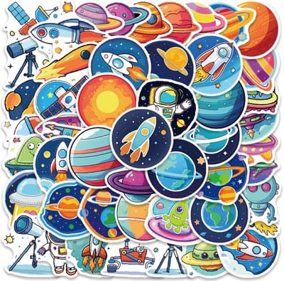 Thijox - 50 Stuks Astronauten Ruimtestickers - Waterdichte Vinyl Planeten Stickers - Grappige Alien Stickers voor Kinderen - Universum Decoratie voor