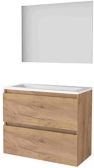 Basic-Line Ultimate 39 Badkamermeubelset - Ondiep - 80 x 39 cm - Greeploos - 2 Lades - Acryl Wastafel - Zonder Kraangat - Spiegel met Indirecte LED Verlichting - Whisky Oak