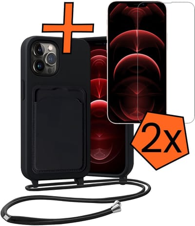 Hoesje Geschikt voor iPhone 13 Pro Hoesje Met Telefoonketting Pasjeshouder Case Met 2x Screenprotector Koord - Hoesje Geschikt voor iPhone 13 Pro Hoes Met Kaarthouder - Zwart