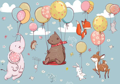Fotobehang Dieren aan Ballonnen XXL – posterbehang – Kinderkamer behang – 368 x 254 cm