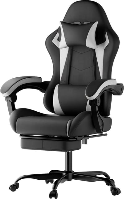 Ergonomische gamestoel zwart wit - Voor intensief gamen en thuiswerken - Gaming stoel met lendenkussen en hoofdsteun - PVC - Zwart-wit